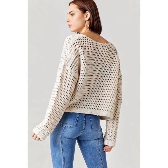 Audrey Parks X Francesca’s Beige Elianna Crochet Lace Up Cropped Sweater S Boho - Picture 3 of 11
